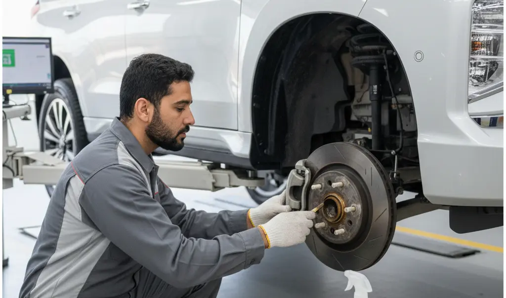 Technician repairing Mitsubishi brakes