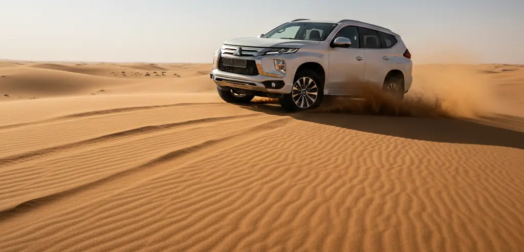 Mitsubishi vehicle driving in Saudi desert under extreme heat conditions