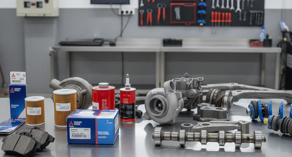 Genuine Mitsubishi brake pads and engine components close up