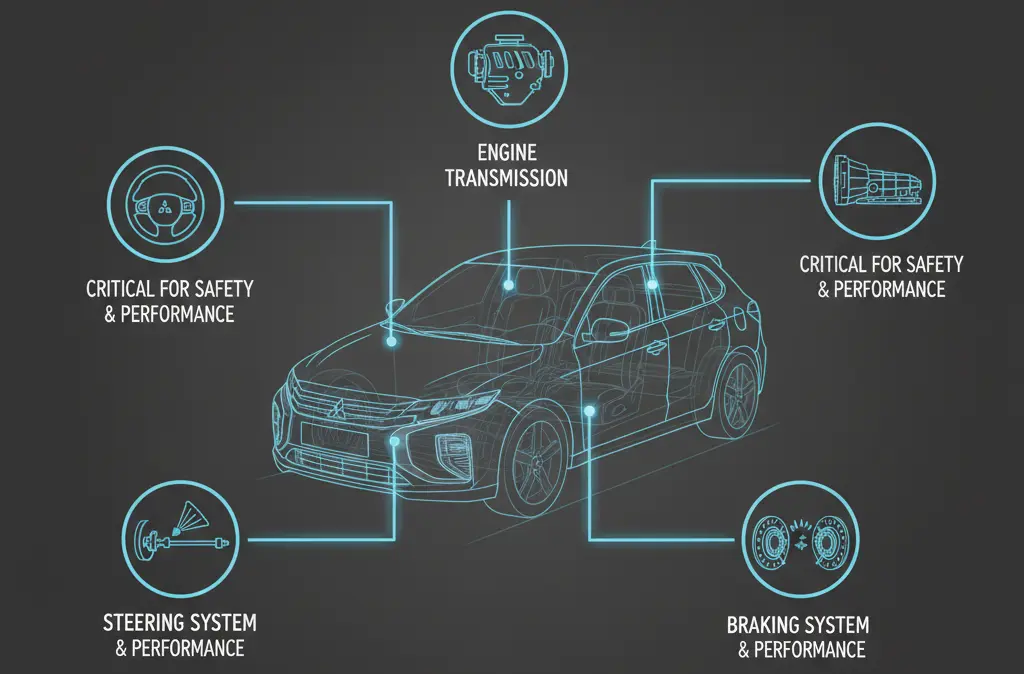 Diagram of critical Mitsubishi components like engine, transmission, airbags, brakes, and steering, showing importance of genuine Mitsubishi parts for safety and durability