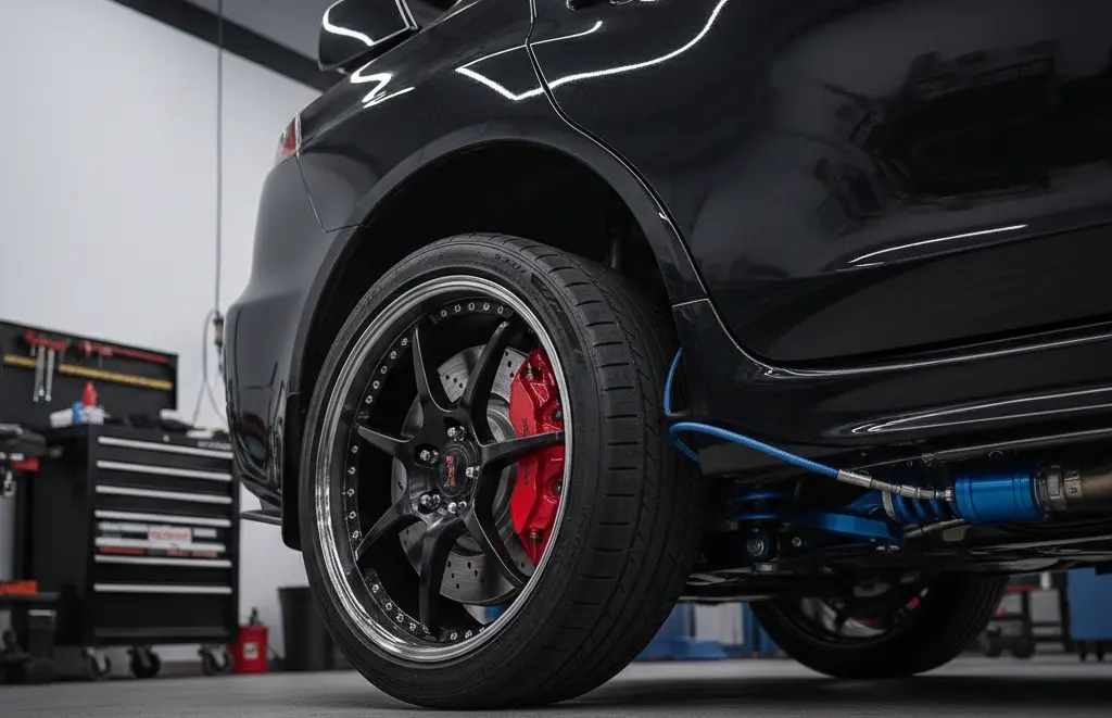 Mitsubishi vehicle with aftermarket upgrades including exhaust, suspension, and brake systems, aftermarket Mitsubishi parts for performance and customization