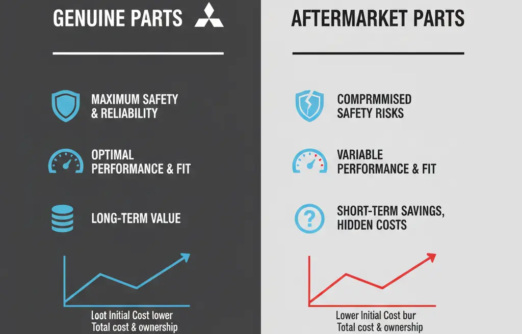 Visual summary of genuine vs aftermarket Mitsubishi parts showing safety, performance, and cost efficiency, best Mitsubishi spare parts guide