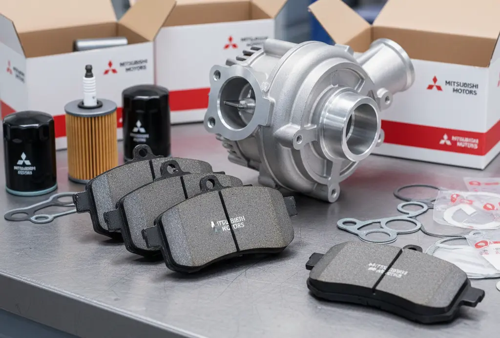 Close-up of genuine Mitsubishi car parts including brake pads and engine components, high-quality Mitsubishi replacement parts, OEM vs aftermarket auto parts