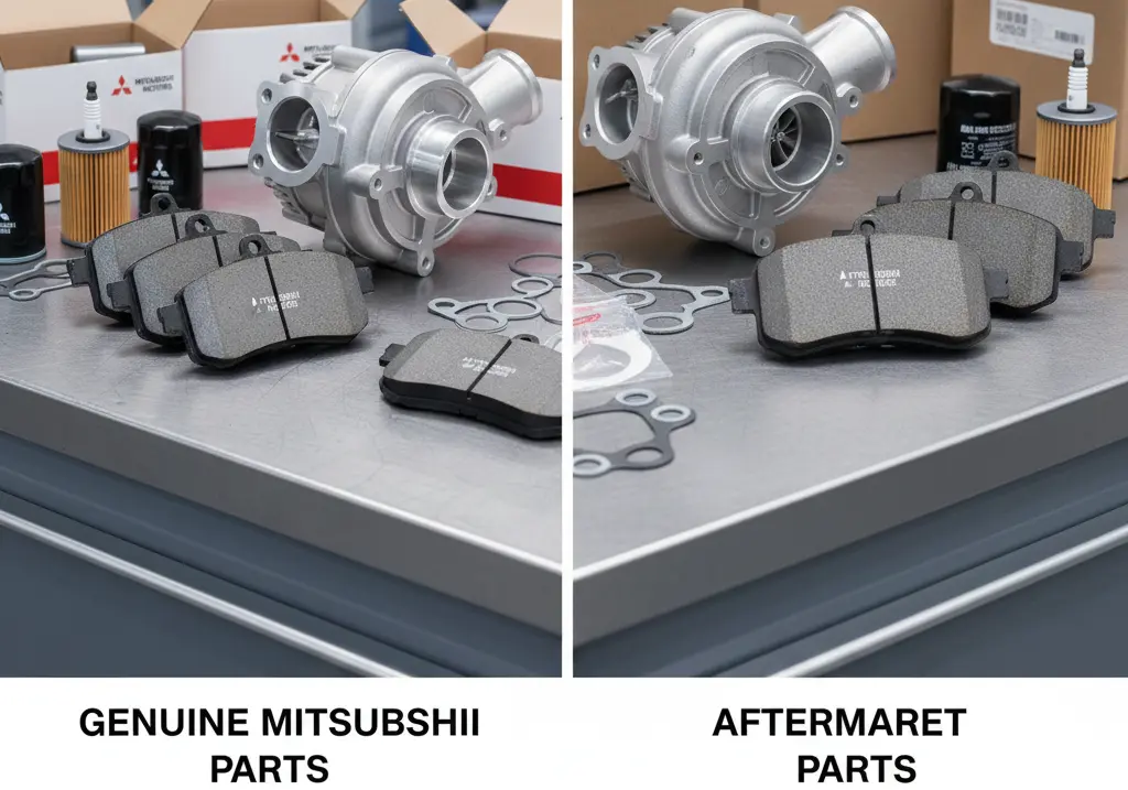 Side-by-side comparison of genuine Mitsubishi parts versus aftermarket Mitsubishi parts, highlighting quality, materials, and performance differences, original car parts vs aftermarket