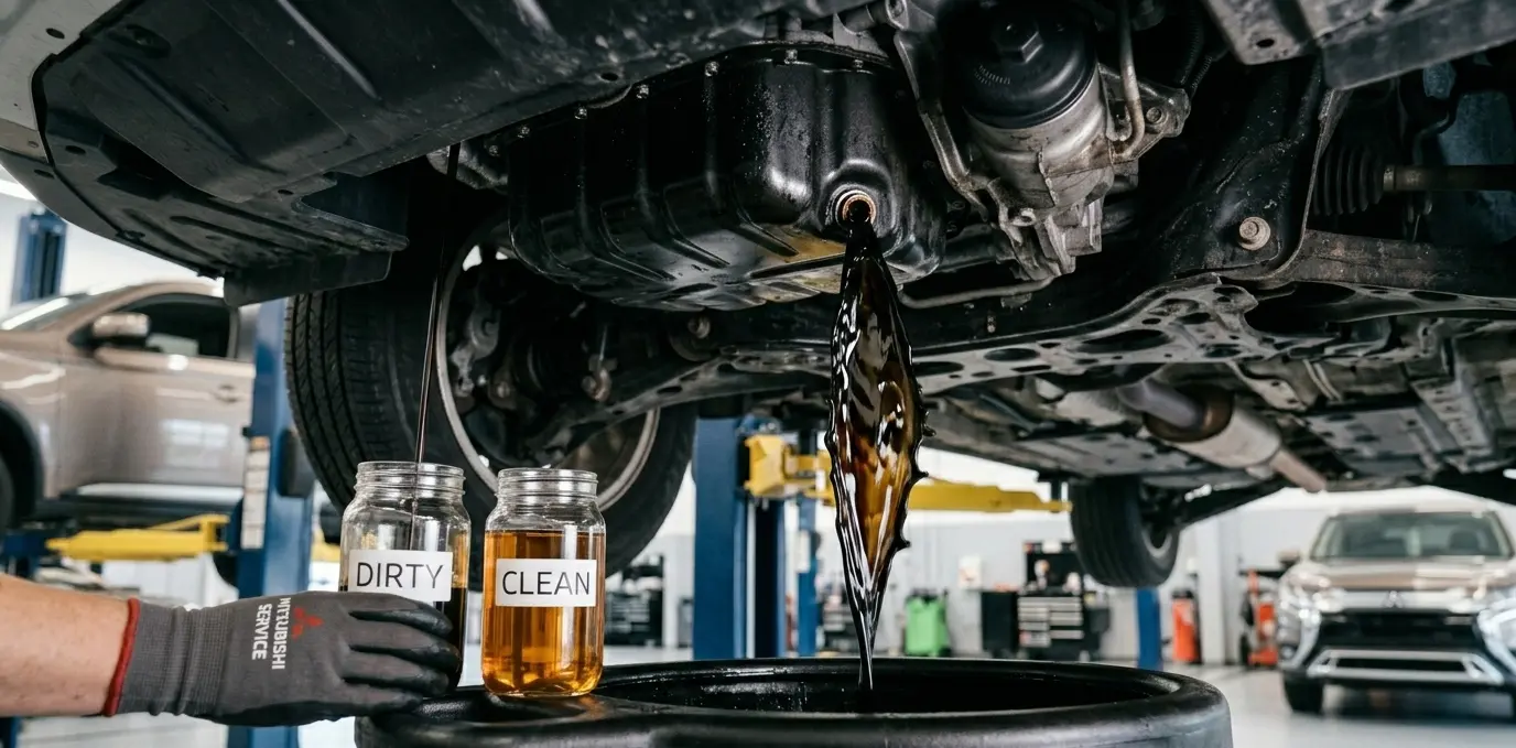 Dirty vs clean engine oil in Mitsubishi vehicle