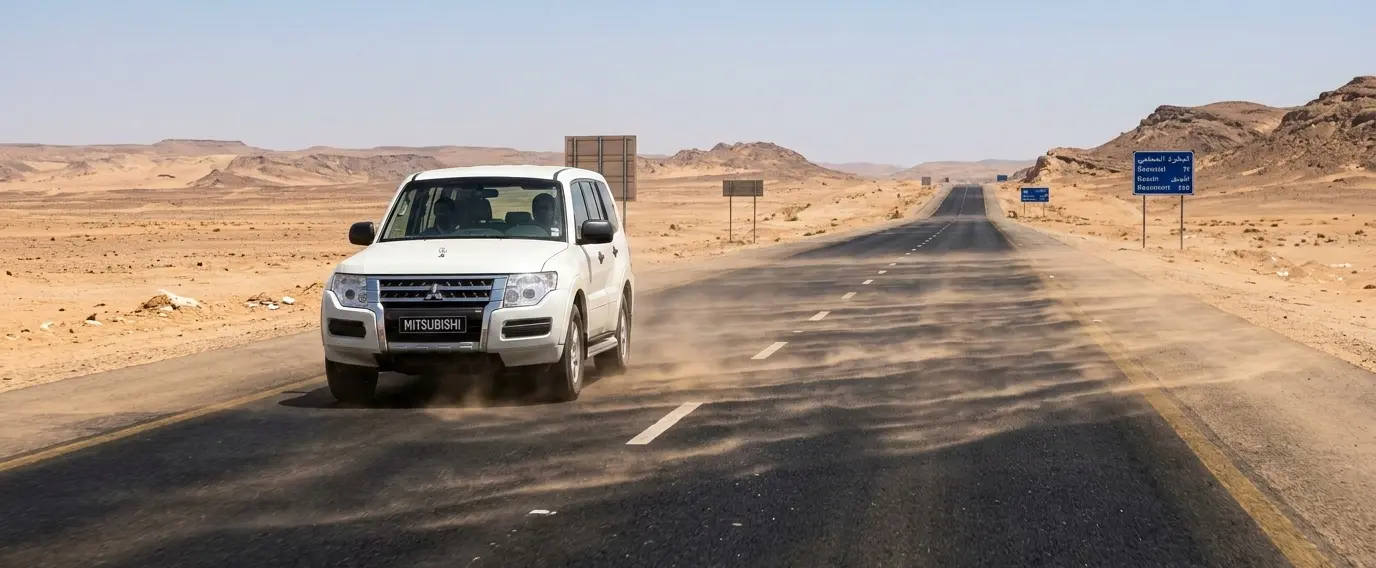"Mitsubishi vehicle moving on long desert road in Saudi Arabia under extreme heat, demonstrating reliability and durability of genuine Mitsubishi spare parts"