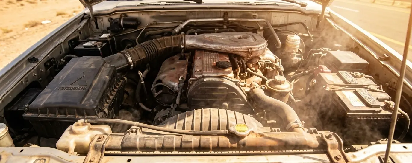 "Close-up of Mitsubishi engine in scorching Saudi Arabian desert heat, highlighting the need for genuine Mitsubishi engine cooling system parts"