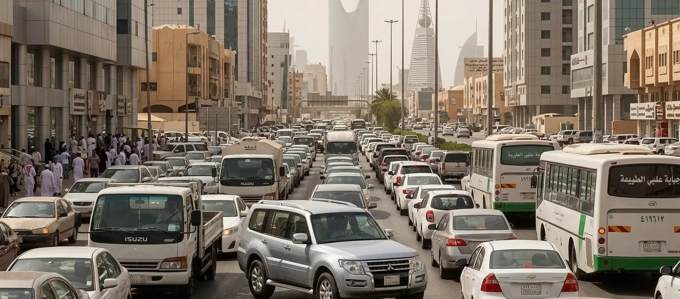 "Mitsubishi car stuck in heavy traffic in Riyadh, Saudi Arabia, showing the importance of brake pads replacement and performance parts for city driving"