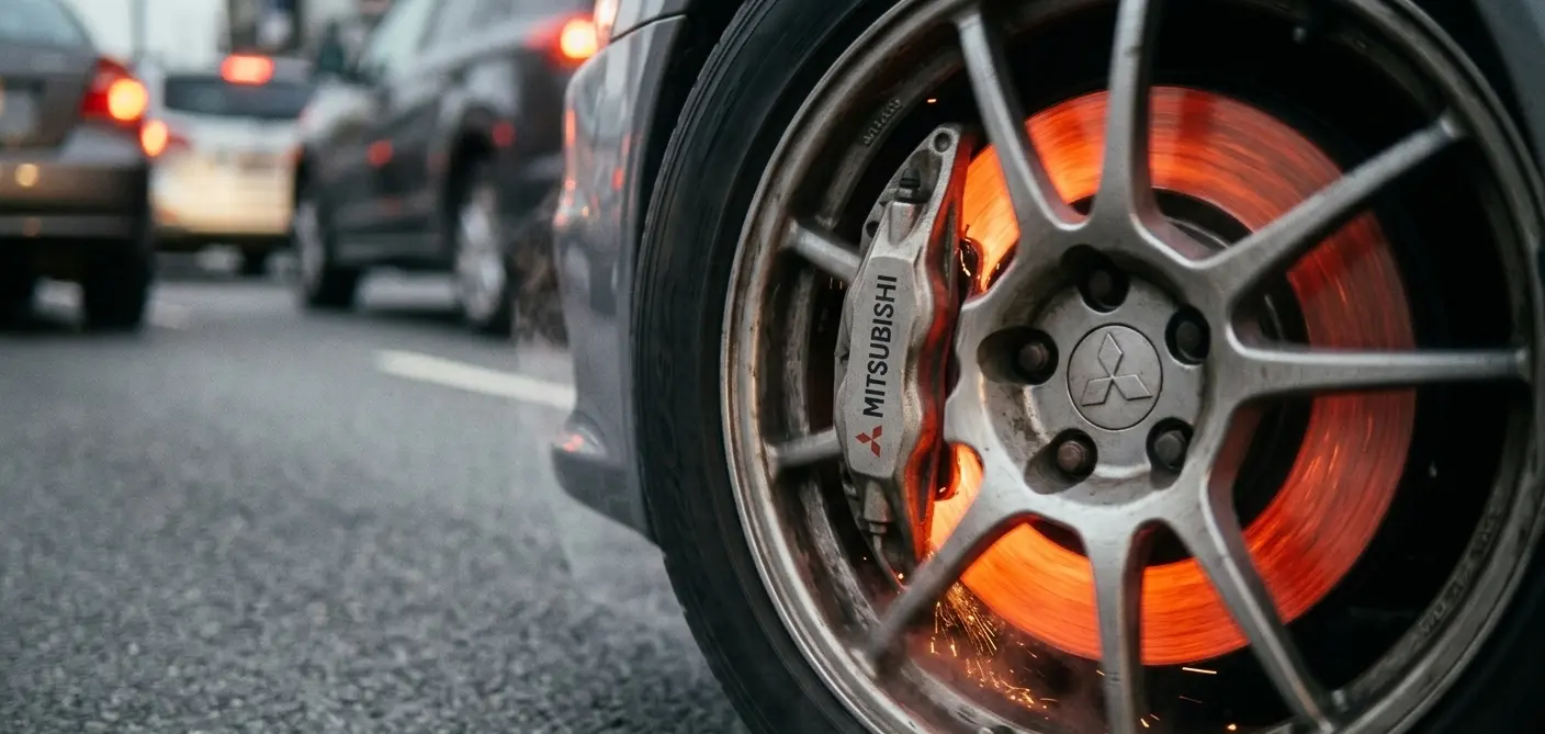 "Detailed view of Mitsubishi brake pads working under high traffic and heat conditions in Saudi Arabia, illustrating durability and safety benefits"