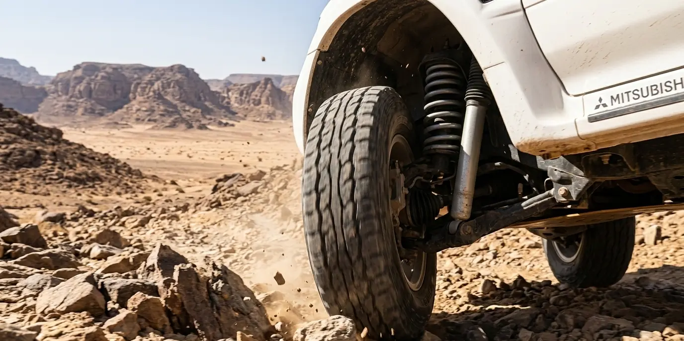"Mitsubishi suspension system handling rough desert terrain in Saudi Arabia, showcasing the importance of genuine suspension parts for long-distance and heavy traffic driving"