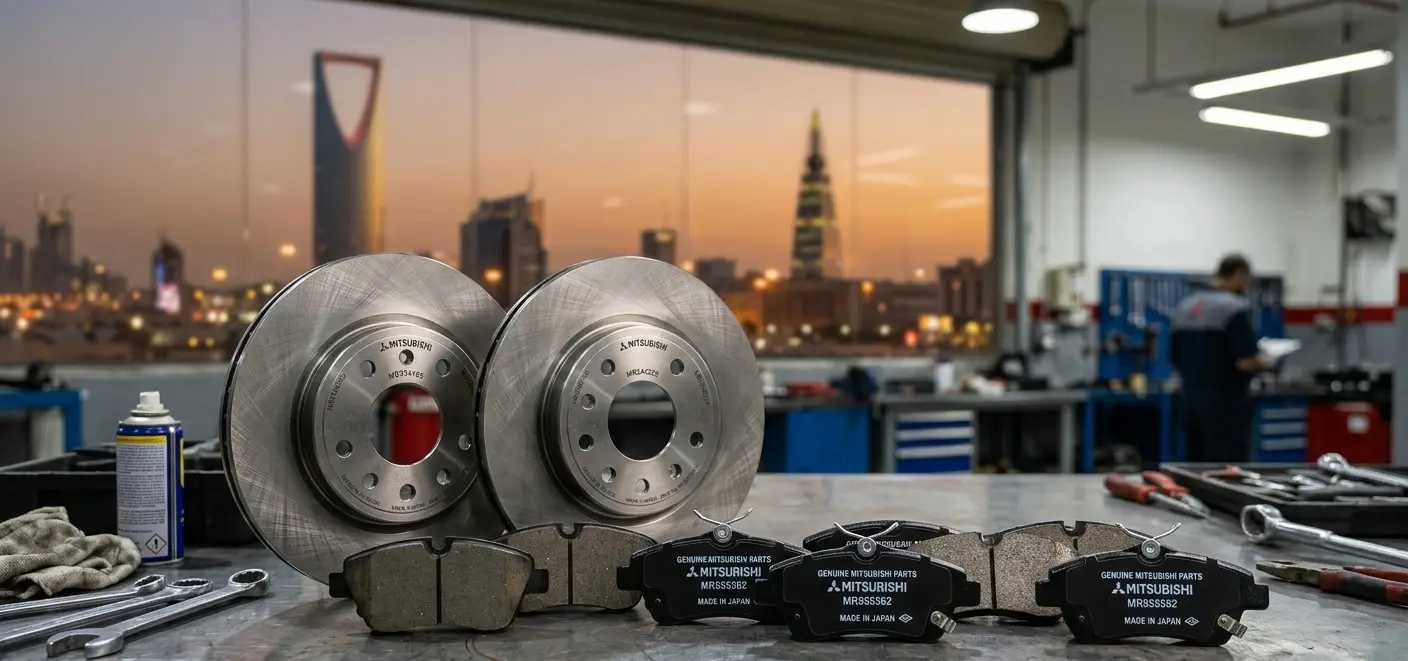 Genuine Mitsubishi brake pads and discs on workbench, showing quality and durability, Riyadh