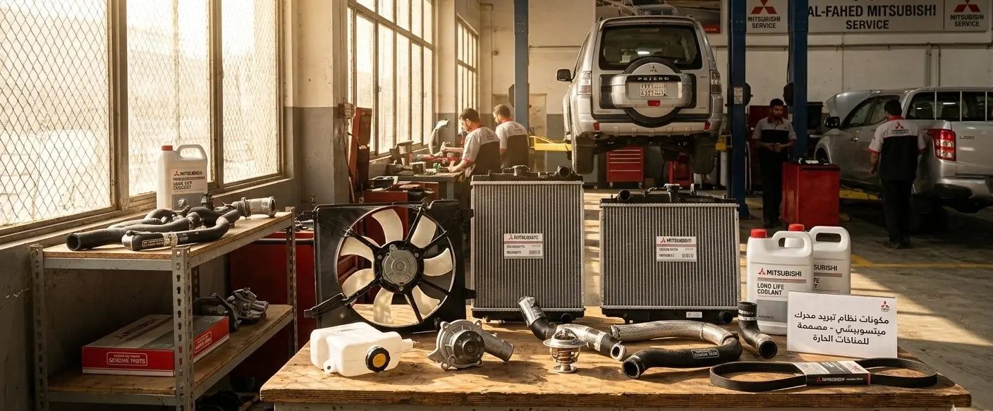 Mitsubishi radiator and engine cooling system parts displayed in Saudi workshop, durable for hot climate, Riyadh or Jeddah