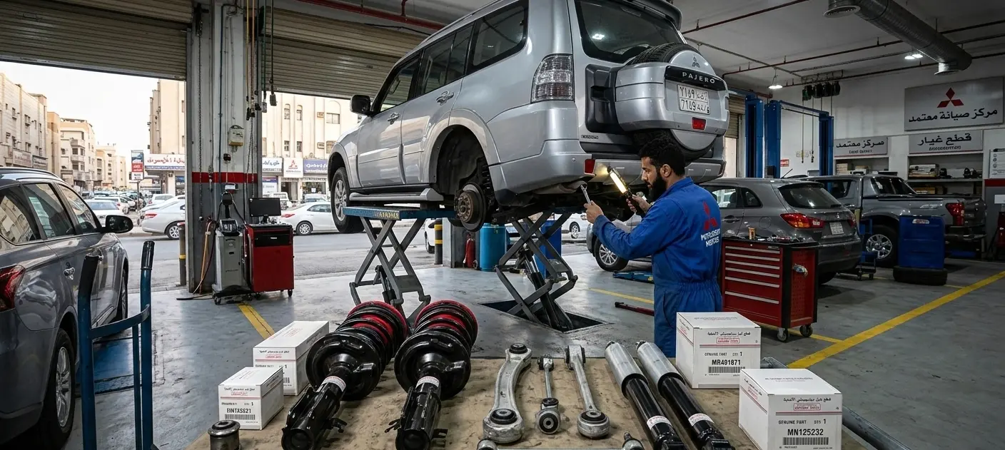 Mitsubishi suspension components like shocks and struts in professional garage, mechanic inspecting car, Saudi workshop