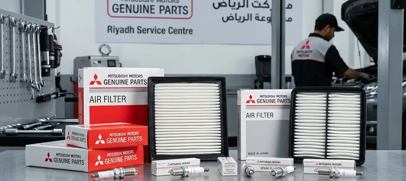 Genuine Mitsubishi air filters and spark plugs on workbench, highlighting quality maintenance, Riyadh or Jeddah