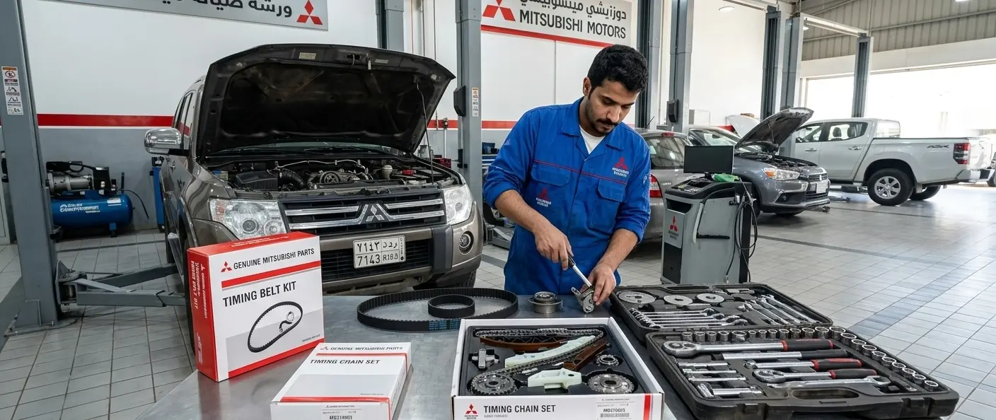 Mitsubishi timing belts and chains ready for installation, professional workshop setup in Saudi Arabia