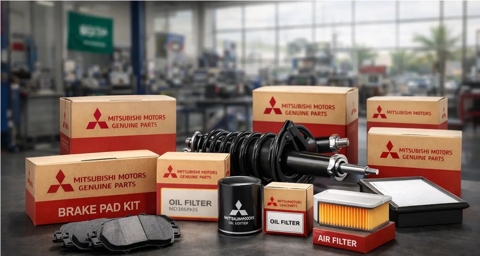 Genuine Mitsubishi spare parts on workbench in Saudi Arabia