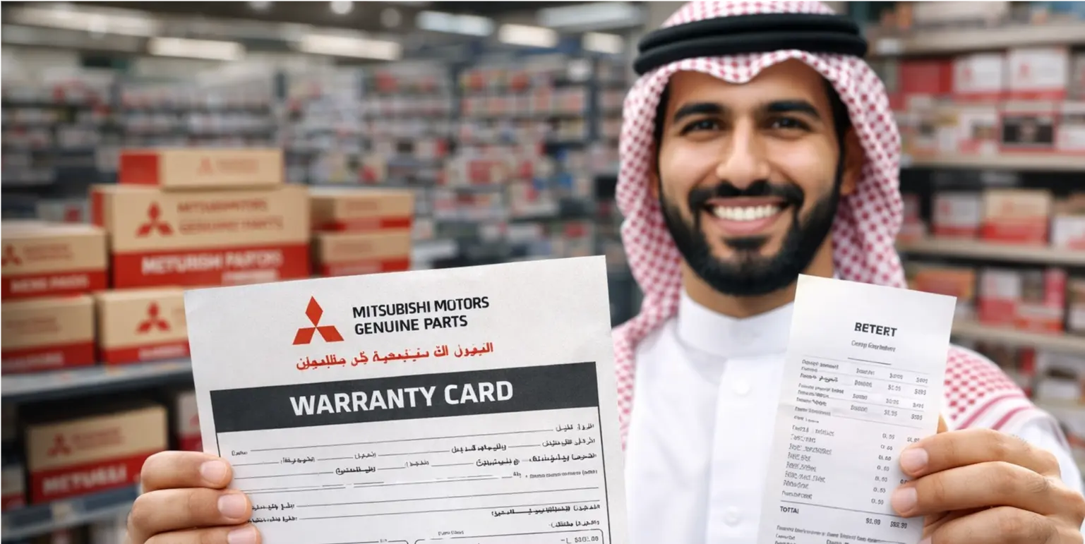 Customer holding Mitsubishi warranty card and receipt in Saudi Arabia