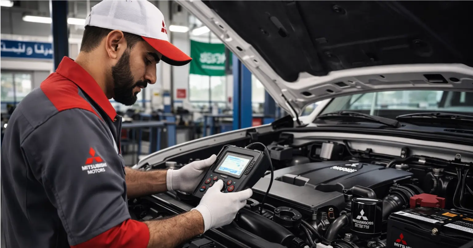 Mechanic inspecting Mitsubishi car engine in Saudi Arabia workshop