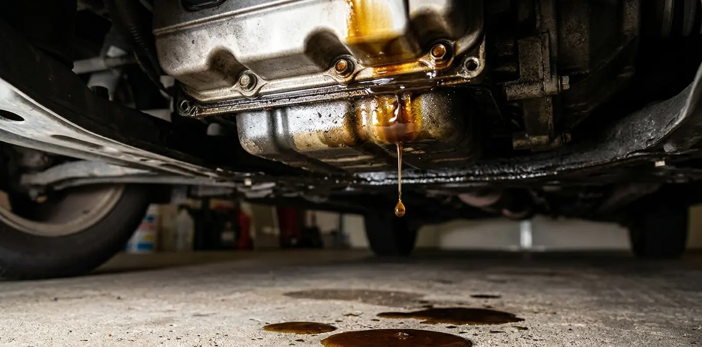 fluid leak, worn car parts, Mitsubishi repair signs, engine maintenance